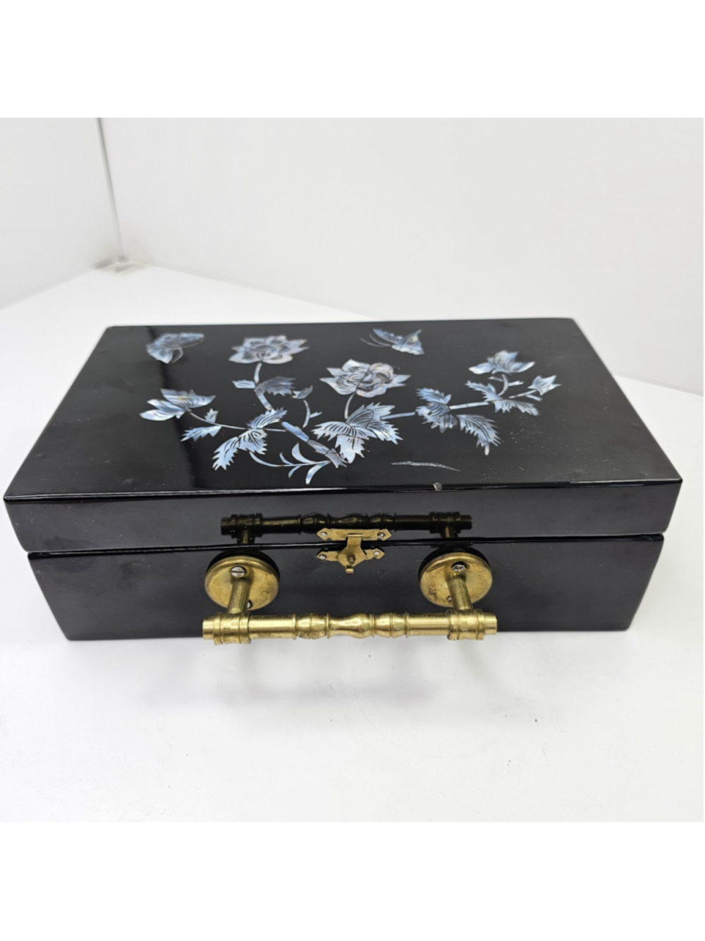 Vintage Asian Black Lacquer Jewelry Box Mother of Pearl Inlay Mirror Brass...
